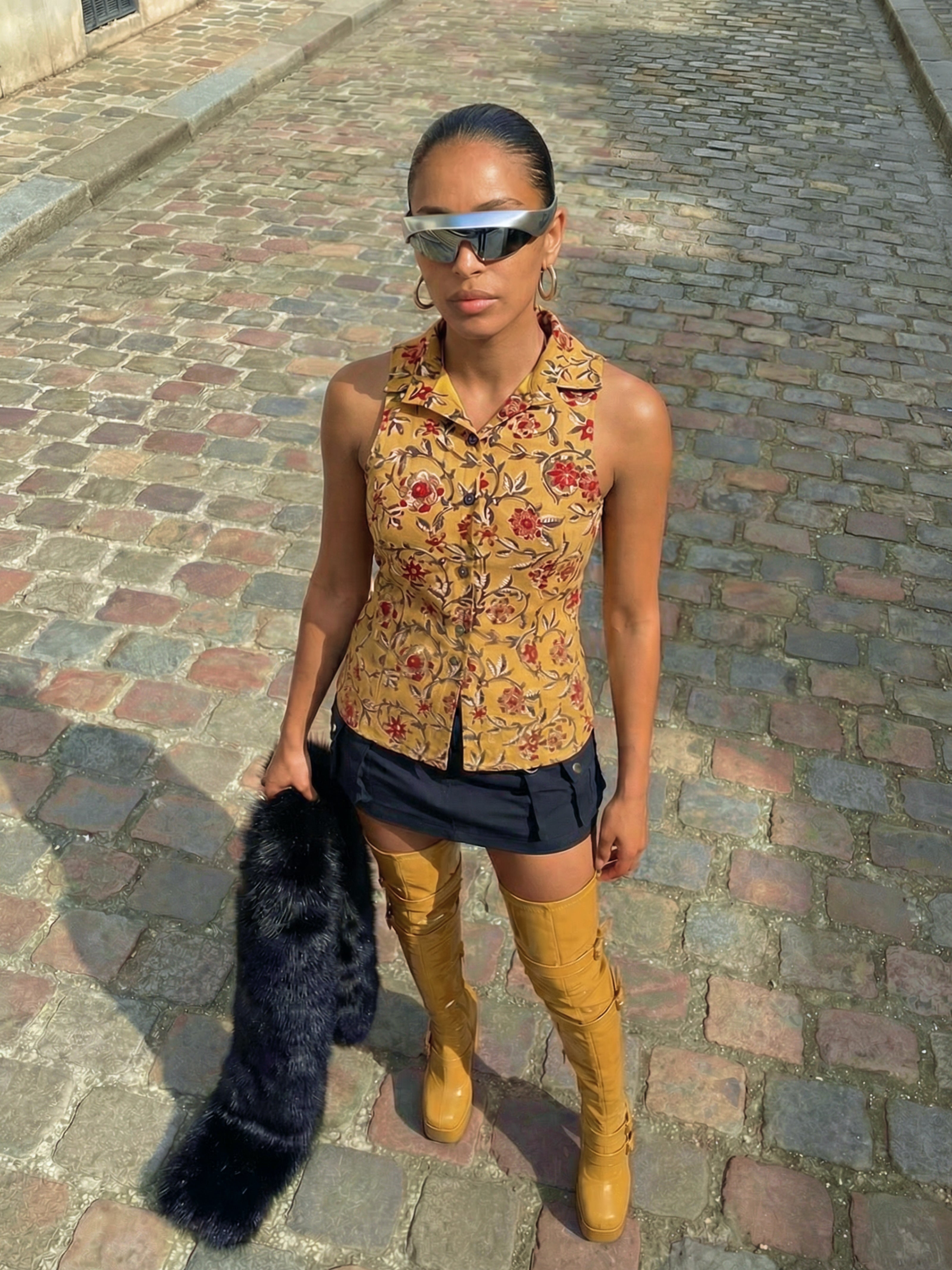 Mira Handblock Halterneck Shirt - Sun Memory