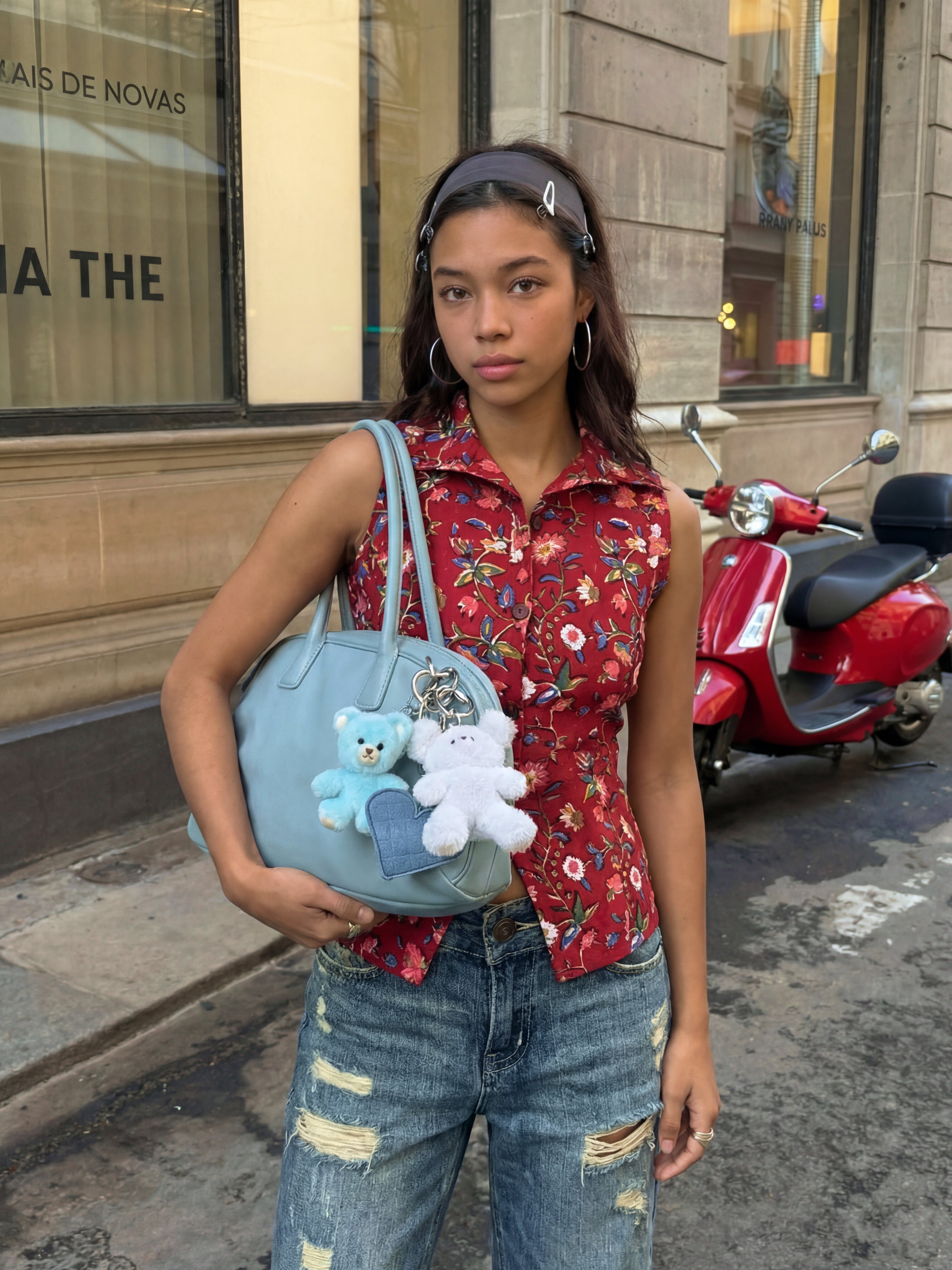 Mira Handblock Halterneck Shirt - Crimson Bloom