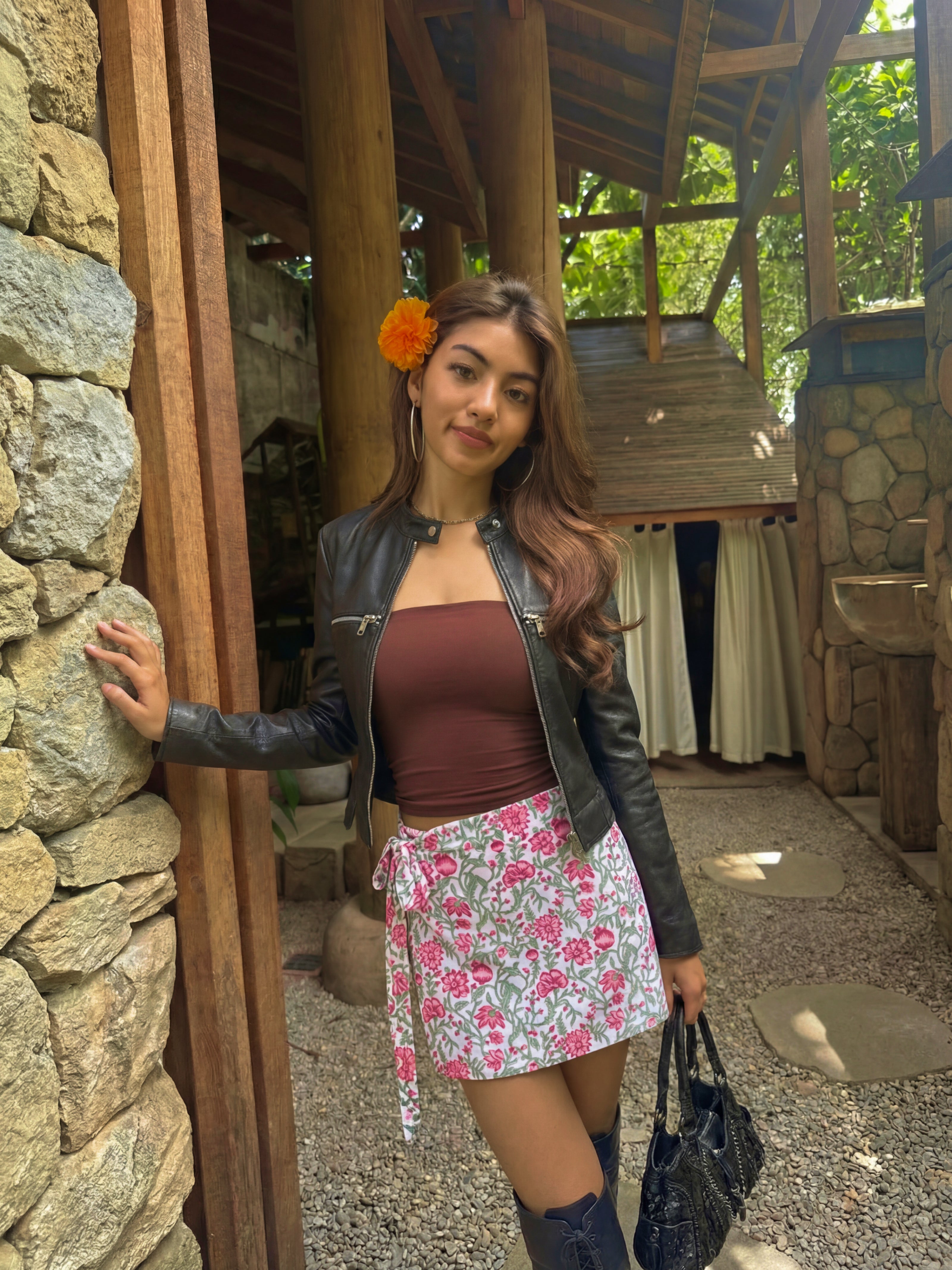 Reva Handblock Wrap Skirt - Ivory Block