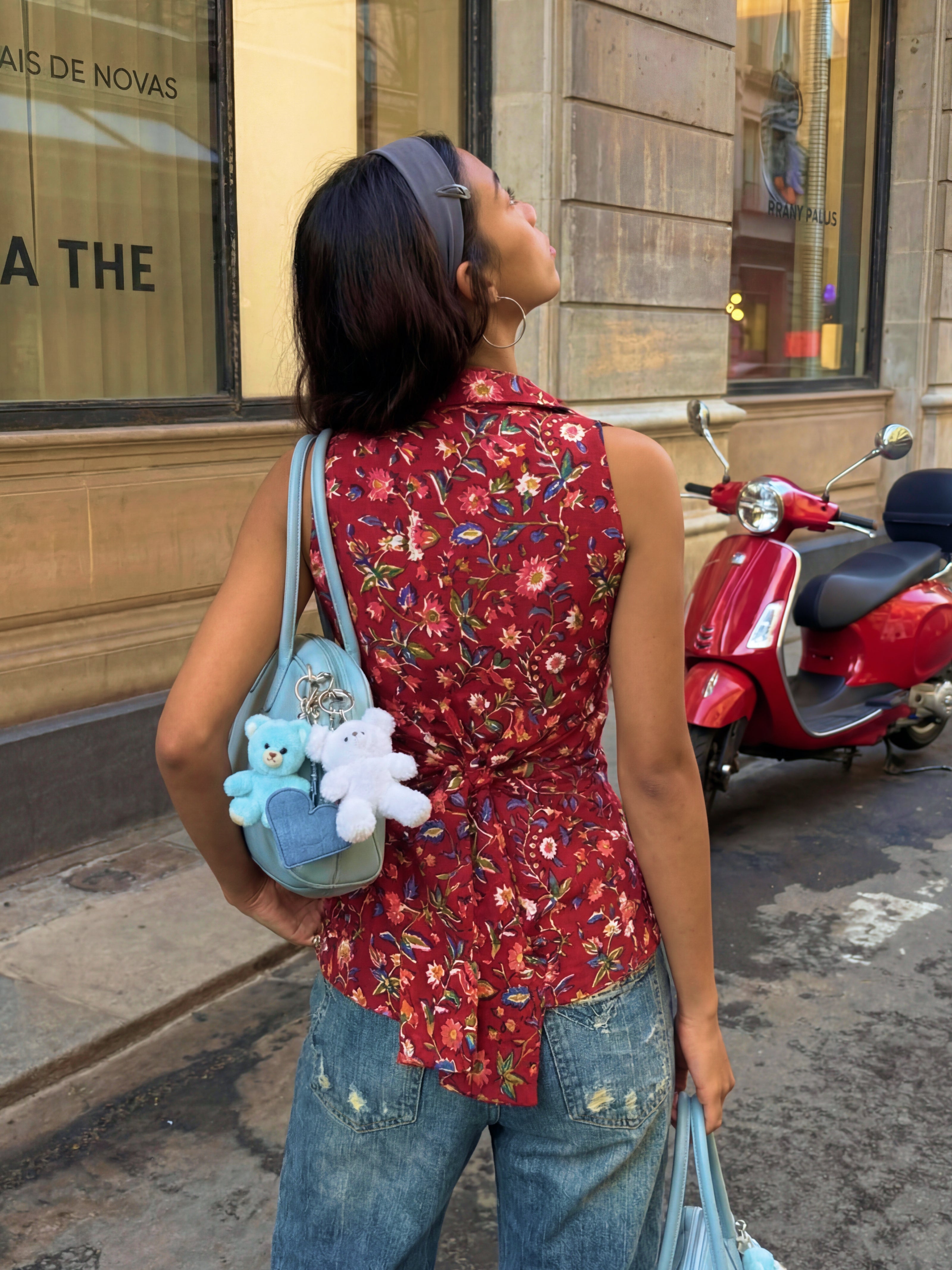 Mira Handblock Halterneck Shirt - Crimson Bloom