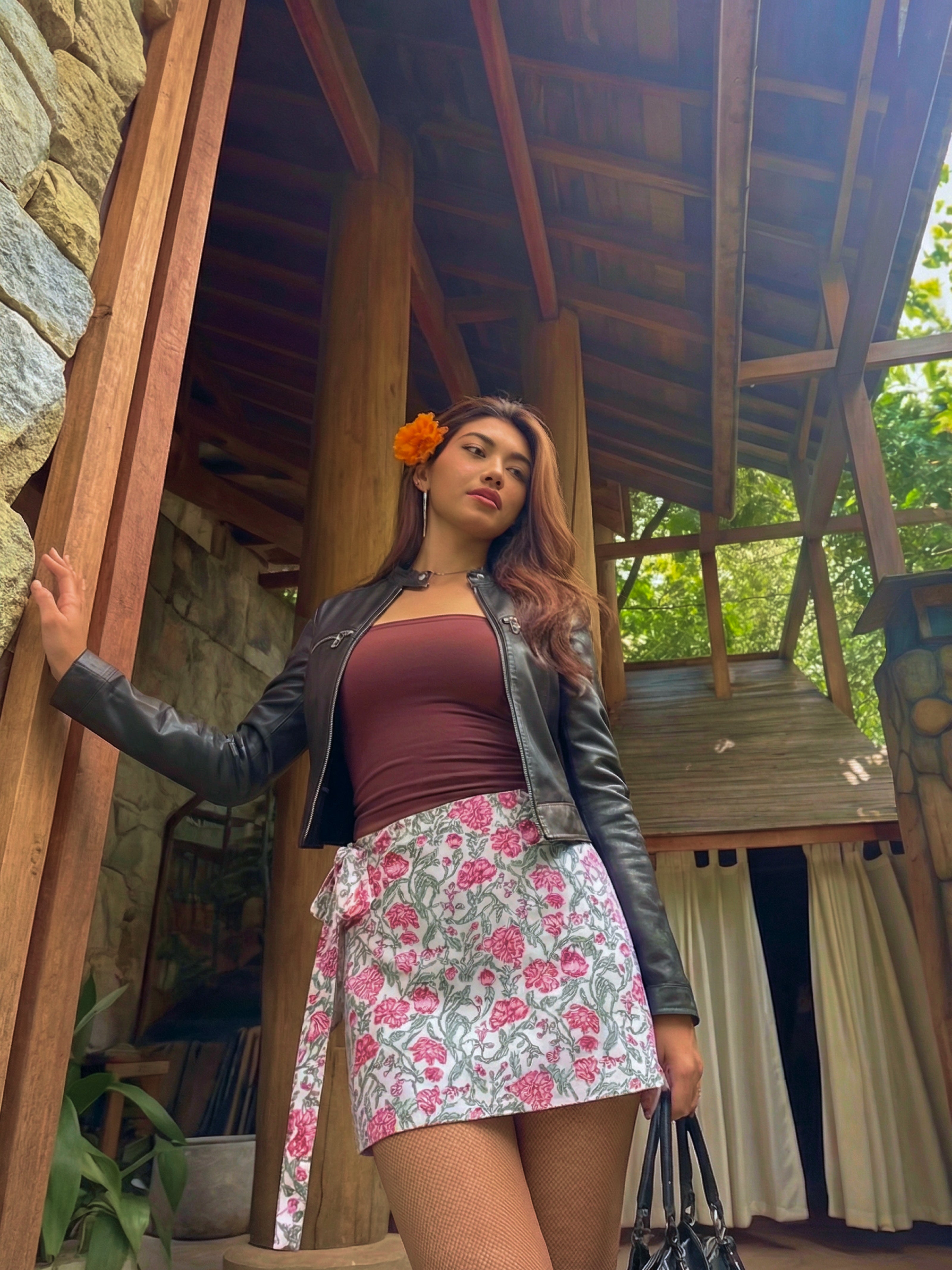 Reva Handblock Wrap Skirt - Ivory Block