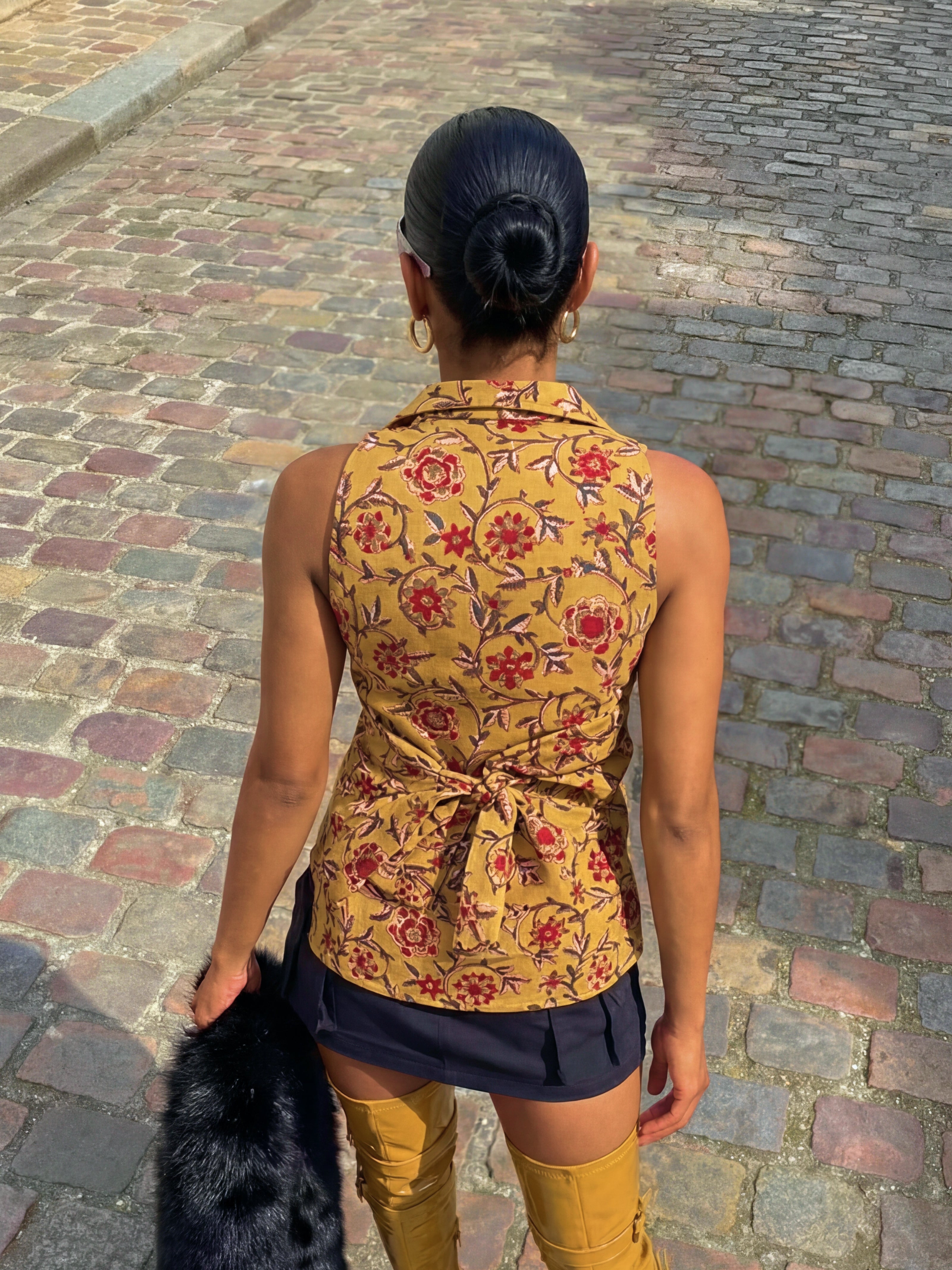 Mira Handblock Halterneck Shirt - Sun Memory