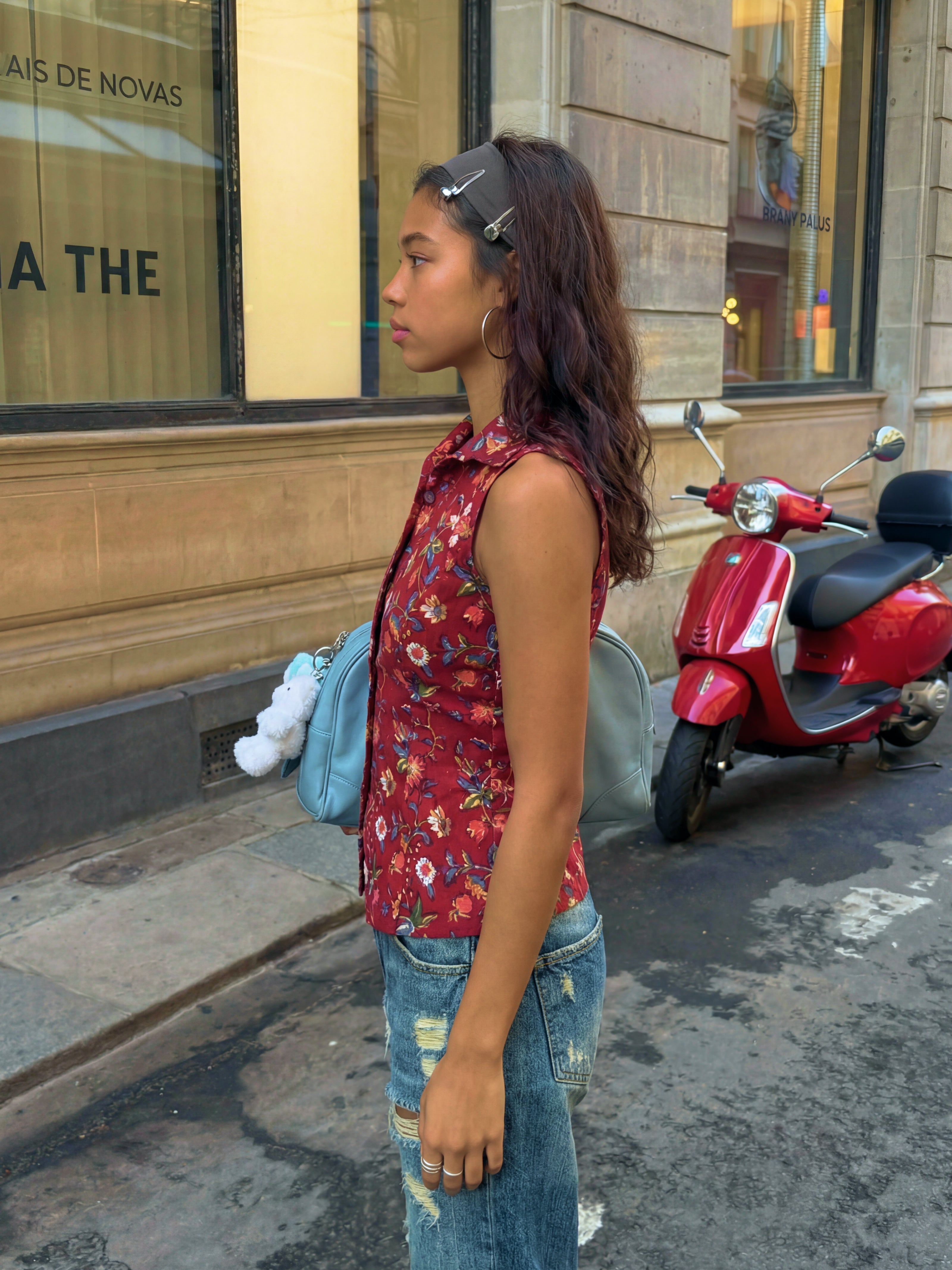 Mira Handblock Halterneck Shirt - Crimson Bloom