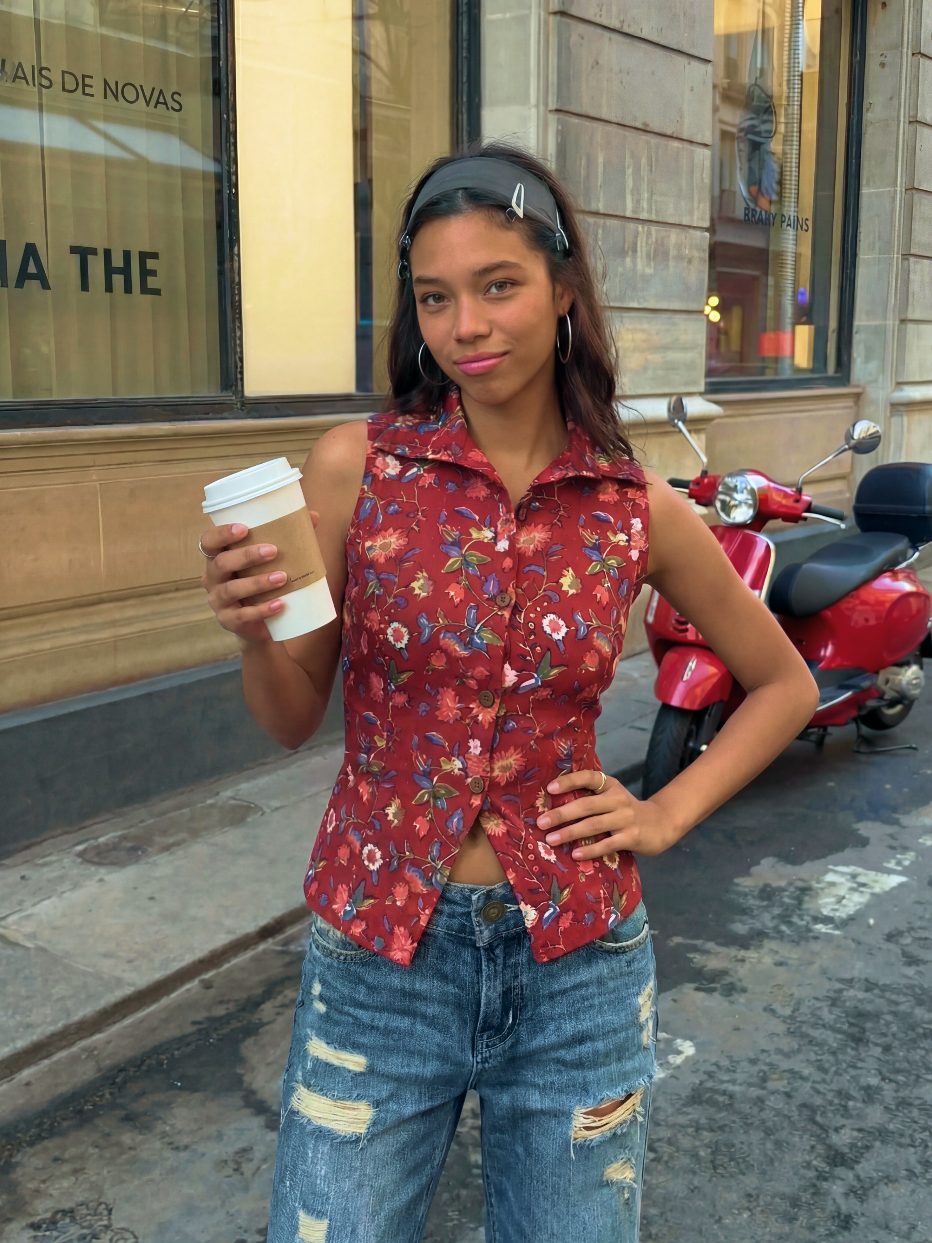 Mira Handblock Halterneck Shirt - Crimson Bloom