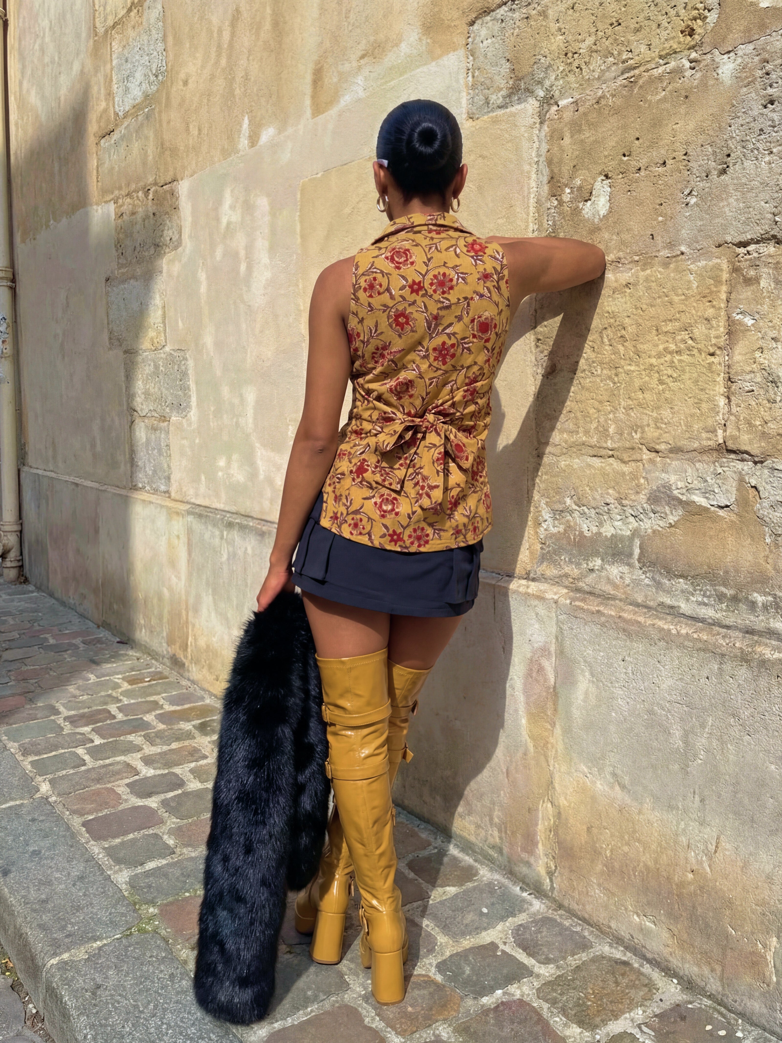 Mira Handblock Halterneck Shirt - Sun Memory