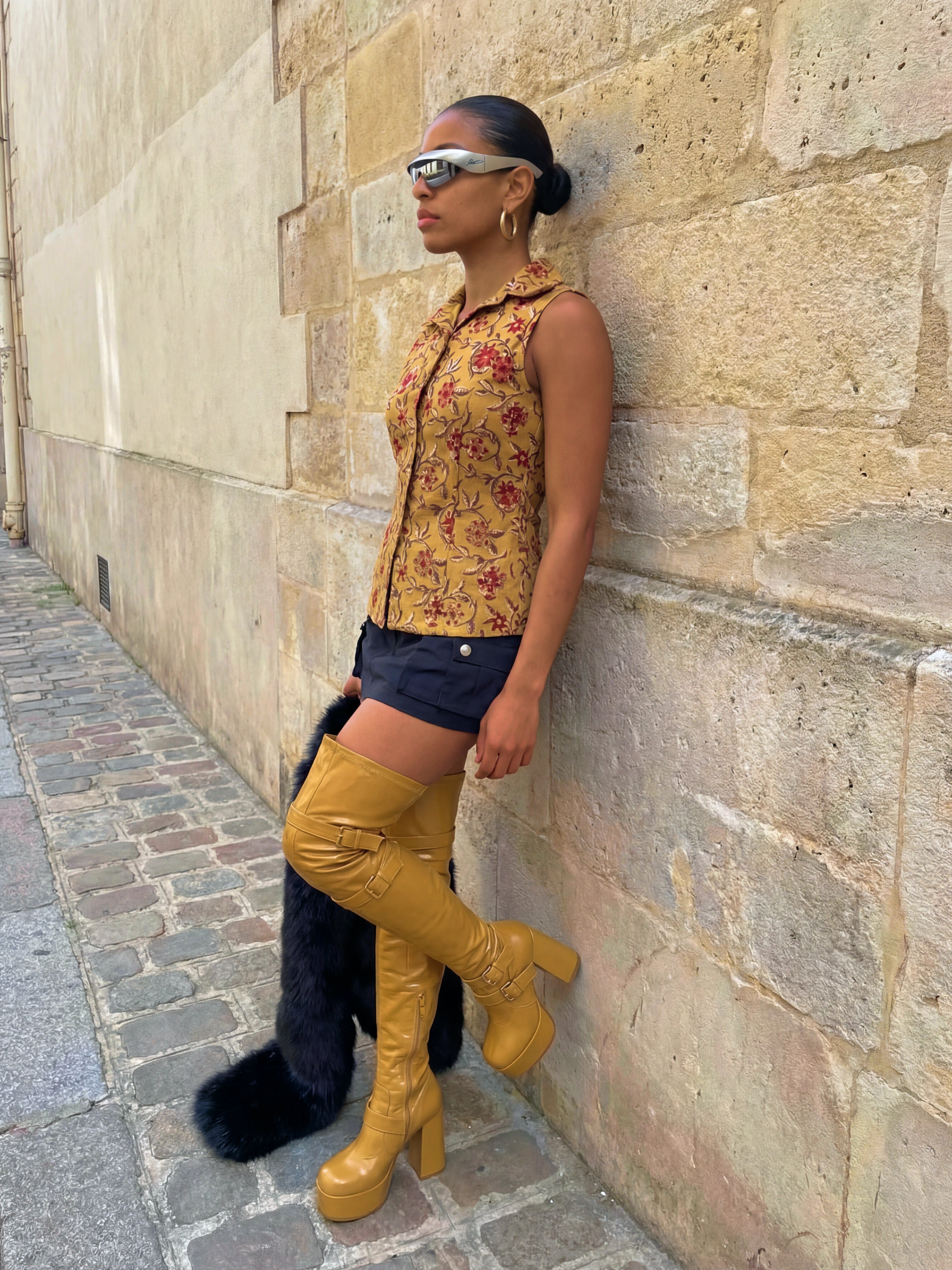 Mira Handblock Halterneck Shirt - Sun Memory