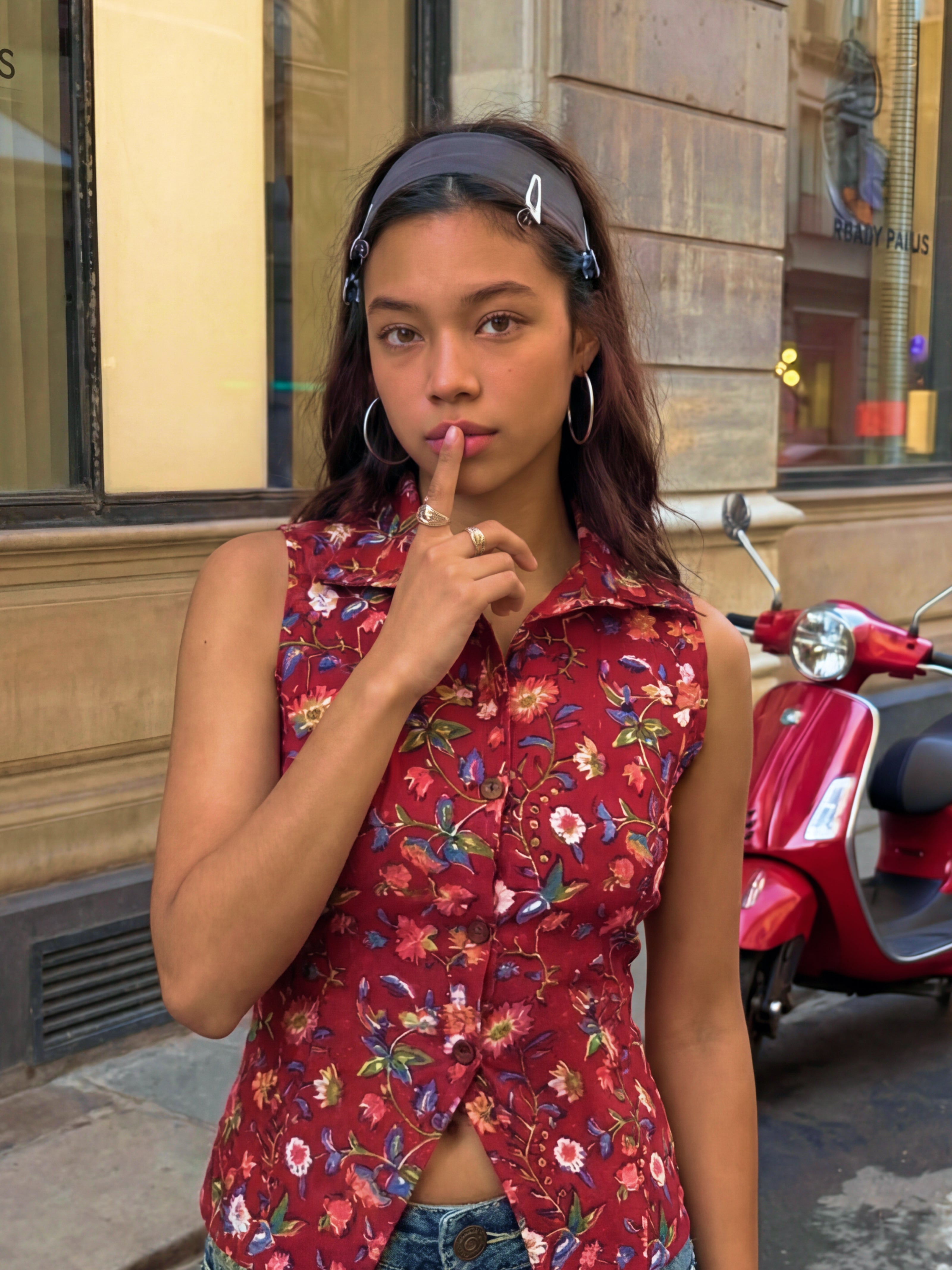 Mira Handblock Halterneck Shirt - Crimson Bloom