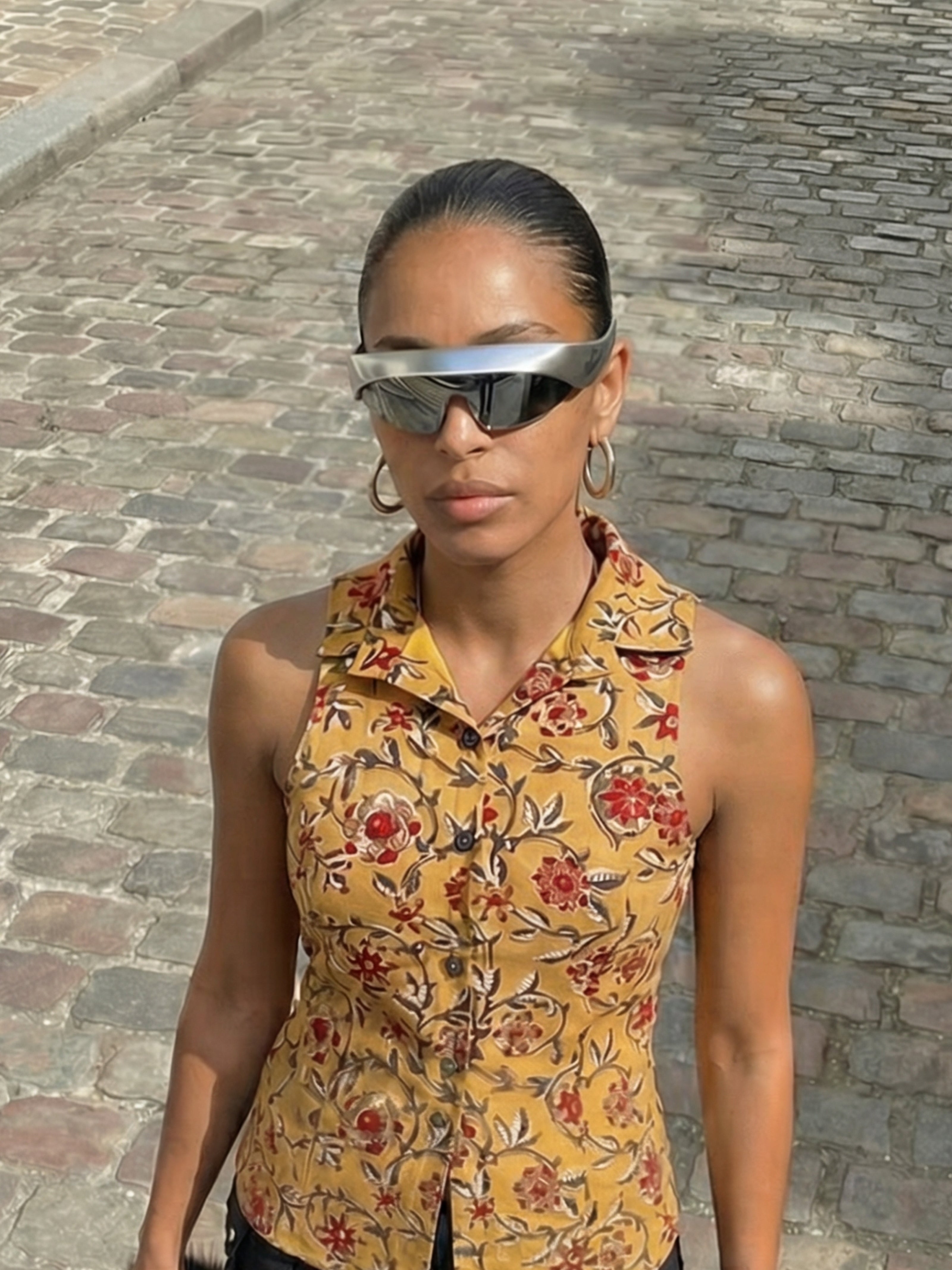 Mira Handblock Halterneck Shirt - Sun Memory